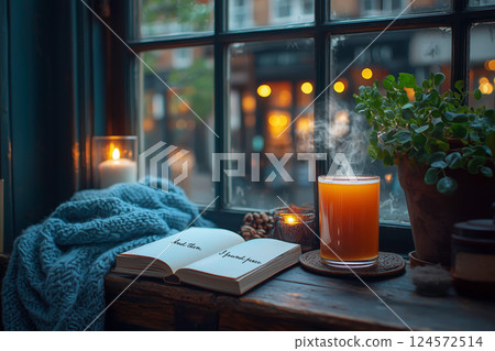 A hot drink and the message "And then, I found peace" written on a book by the window A hot drink and the message "And then, I found peace" written on a book by the window 124572514