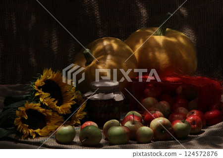 autumn still life of pumpkin and other vegetables	 124572876