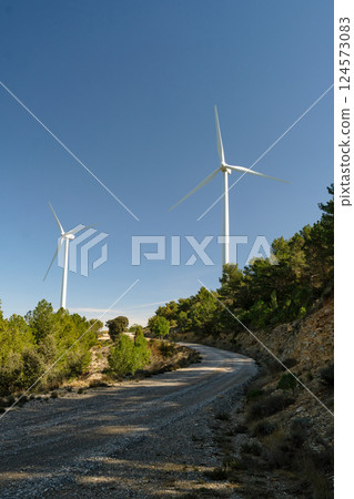 Against the background of the blue sky, a windmill 124573083