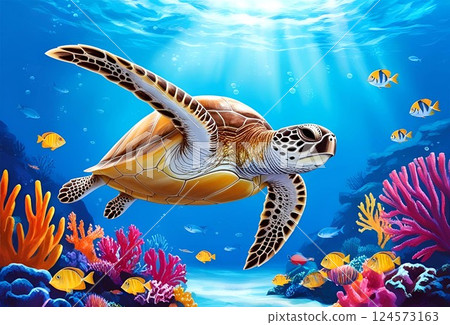 海龜在美麗的海洋中游泳的插圖 海龜在美麗的海洋中游泳的插圖 124573163