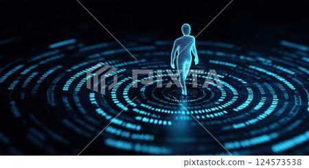 glowing digital human figure surrounded by circular data streams, symbolizing AI and technology 124573538