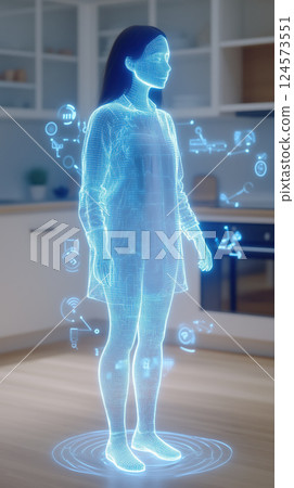 Futuristic holographic assistant in modern kitchen, glowing with blue digital elements 124573551