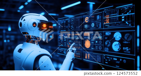 futuristic AI robot interacts with glowing digital interface in high tech environment 124573552