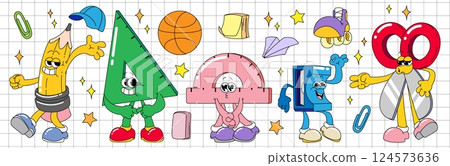 Retro school stationery characters set 124573636