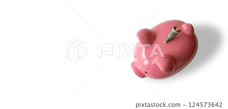 A piggy bank with money and white background. A piggy bank with money and white background. 124573642