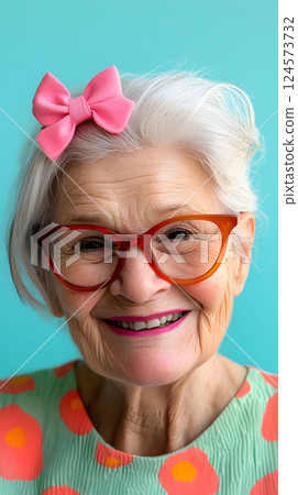 Close-up smiling portrait of a cute and charming senior woman with ribbon and glasses Close-up smiling portrait of a cute and charming senior woman with ribbon and glasses 124573732