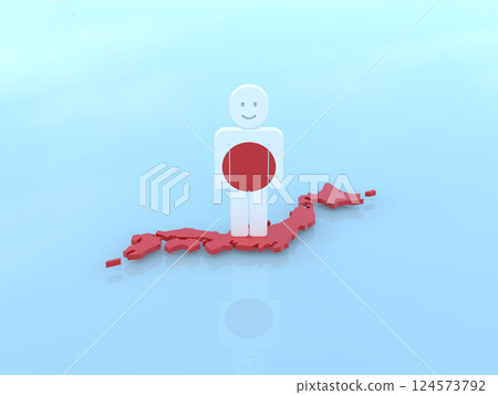微笑的圖標人站在紅色日本國旗水平 3D 插圖上 124573792