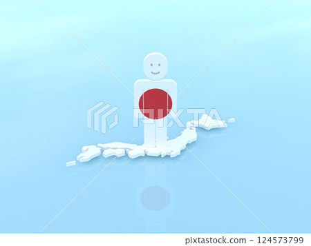 Smiling icon person standing on white Japanese flag horizontal 3D illustration Smiling icon person standing on white Japanese flag horizontal 3D illustration 124573799