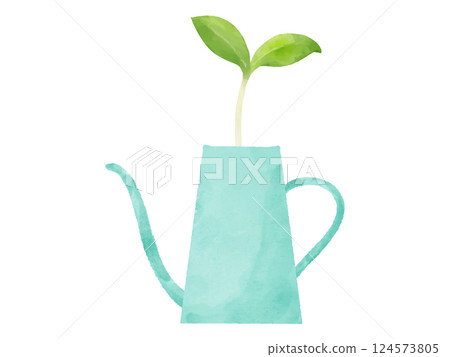 Cute two-leafed plant sprouting from a watering can 124573805