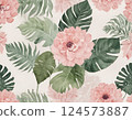 Watercolor Pink Dahlias and Tropical Monstera Leaves Pattern 124573887