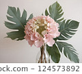 Watercolor Pink Peonies and Tropical Leaves Pattern 124573892
