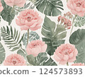 Watercolor Pink Peonies and Tropical Leaves Pattern 124573893