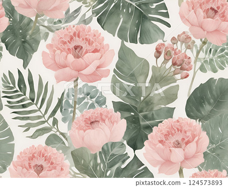 Watercolor Pink Peonies and Tropical Leaves Pattern 124573893