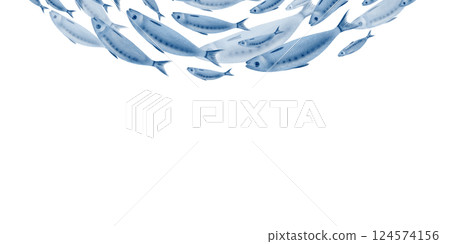 Sardine fish in a semicircular frame swimming in a shoal stylized watercolor illustration on a transparent background for fish restaurants, websites, posters, fish markets and stores Sardine fish in a semicircular frame swimming in a shoal stylized watercolor illustration on a transparent background for fish restaurants, websites, posters, fish markets and stores 124574156