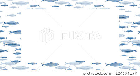 Sardine fish as a rectangular frame with white empty space for text.Swimming in a shoal stylized watercolor illustration on a white background for fish restaurants,websites,posters,fish markets,stores 124574157