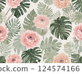 Watercolor Pink Peonies, Dahlias and Monstera Leaves Seamless Pattern 124574166