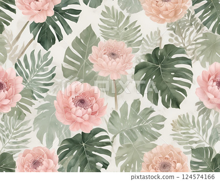 Watercolor Pink Peonies, Dahlias and Monstera Leaves Seamless Pattern 124574166