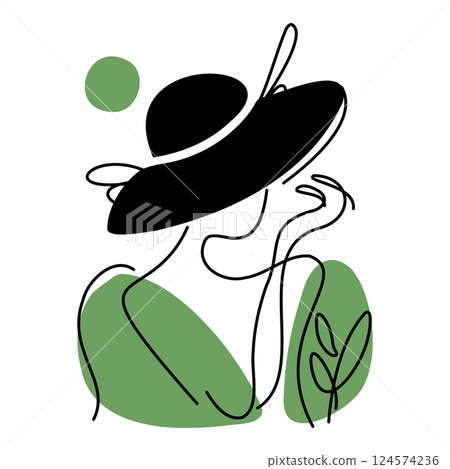 Minimalist line drawing of a graceful woman in a large black hat, symbolizing summer style, beauty, and feminine elegance. Minimalist line drawing of a graceful woman in a large black hat, symbolizing summer style, beauty, and feminine elegance. 124574236