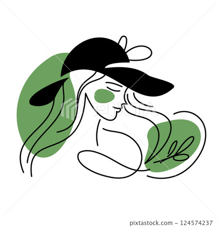 Elegant one-line illustration of a woman wearing a wide-brim hat with flowing hair, capturing grace, style, and feminine beauty. Elegant one-line illustration of a woman wearing a wide-brim hat with flowing hair, capturing grace, style, and feminine beauty. 124574237