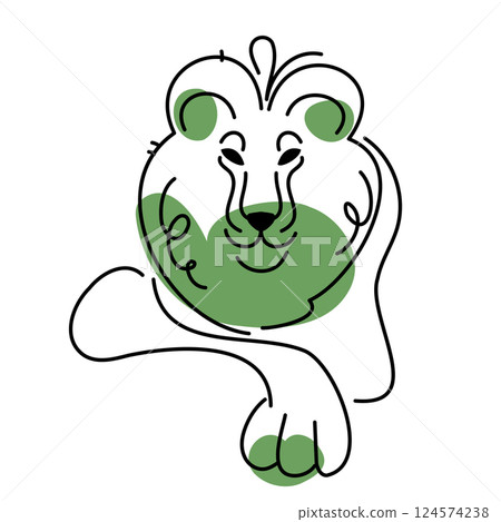 Playful one-line drawing of a sitting lion with a cheerful expression and green accents, symbolizing strength with a friendly twist. Playful one-line drawing of a sitting lion with a cheerful expression and green accents, symbolizing strength with a friendly twist. 124574238