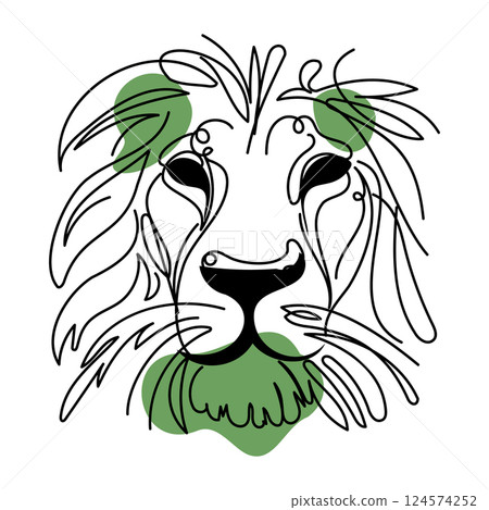 Minimalist continuous line art of a lions face with flowing mane, symbolizing strength, courage, and artistic wild nature. Minimalist continuous line art of a lions face with flowing mane, symbolizing strength, courage, and artistic wild nature. 124574252