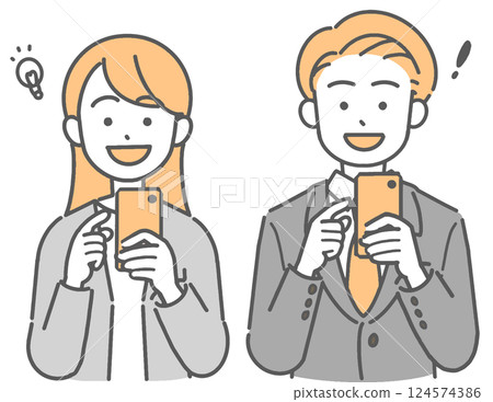 圖：身著西裝的年輕男子和女子微笑著，手裡拿著智慧型手機 124574386