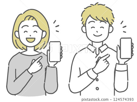 Illustration of a smiling young man and woman holding a smartphone 124574393