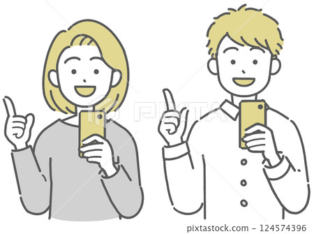 一名年輕男子和一名女子拿著智慧型手機並指著的插圖 124574396