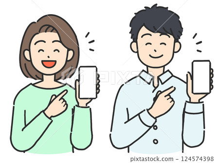 Illustration of young men and women smiling while looking at their smartphones 124574398