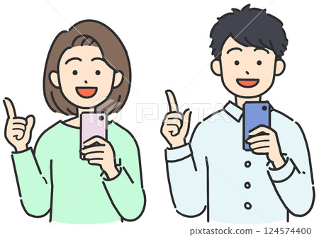 一名年輕男子和一名女子拿著智慧型手機並指著的插圖 124574400