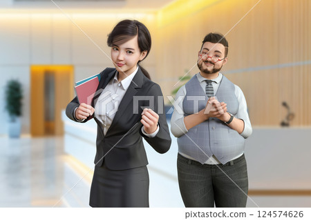 男老闆看著一位積極進取的辦公室女士,抱持著很高的期望 男老闆看著一位積極進取的辦公室女士,抱持著很高的期望 124574626