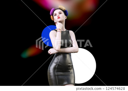 A beautiful woman with a bun hairstyle looking into the distance 124574628