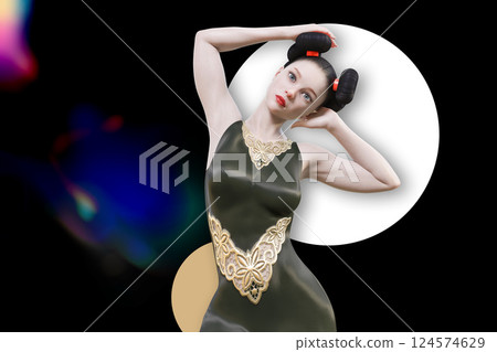 Attractive woman with a bun hairstyle posing with her hands on her head 124574629