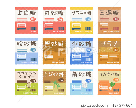Bag of sugar, types, illustration set Bag of sugar, types, illustration set 124574664