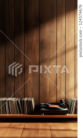 shelf with vinyl records and vintage player on wooden background 124574676