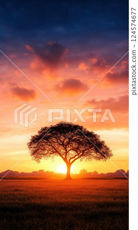 silhouette of lone tree against vibrant sunset sky silhouette of lone tree against vibrant sunset sky 124574677