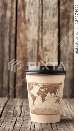 travel themed coffee cup with world map design on rustic wood travel themed coffee cup with world map design on rustic wood 124574692