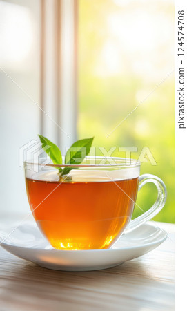clear glass cup of herbal tea with fresh mint leaves sits on saucer clear glass cup of herbal tea with fresh mint leaves sits on saucer 124574708