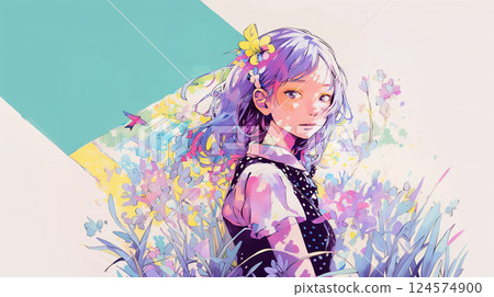 Woman looking back with flowers Woman looking back with flowers 124574900