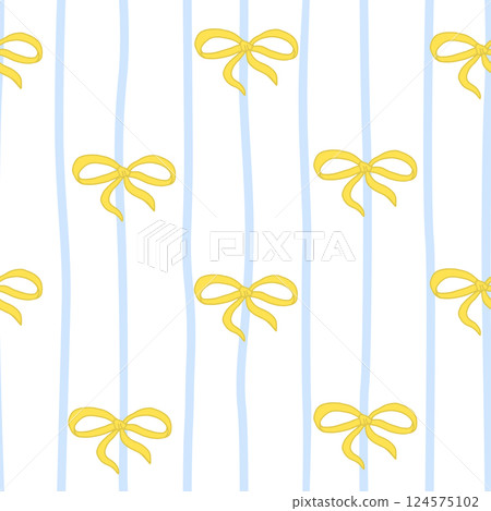 Cute Coquette seamless pattern. Pretty Girly Yellow bows on white background with Blue lines. Trendy feminine romantic art for greeting cards, textile, fabric, wallpaper, wrapping. Vector Illustration Cute Coquette seamless pattern. Pretty Girly Yellow bows on white background with Blue lines. Trendy feminine romantic art for greeting cards, textile, fabric, wallpaper, wrapping. Vector Illustration 124575102