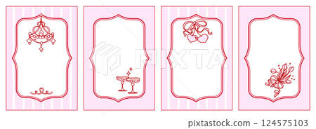 Coquette Greeting card templates for Wedding celebration. Cute Vector illustration of Classic Frames on Pink striped background. Antique Chandelier, Glasses, Cherry, Flowers, letter writing stationery Coquette Greeting card templates for Wedding celebration. Cute Vector illustration of Classic Frames on Pink striped background. Antique Chandelier, Glasses, Cherry, Flowers, letter writing stationery 124575103