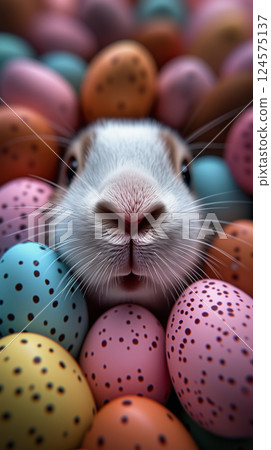 Bunny surrounded by colorful Easter eggs during a festive spring celebration 124575137