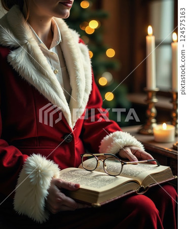 Cozy christmas reading scene with festive attire and candlelit ambiance 124575163