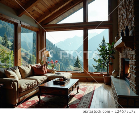 Cozy mountain retreat with scenic forest views and rustic interior design for relaxation and inspiration 124575172