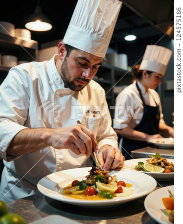 Culinary excellence: master chefs crafting exquisite dishes in a professional kitchen setting 124575186