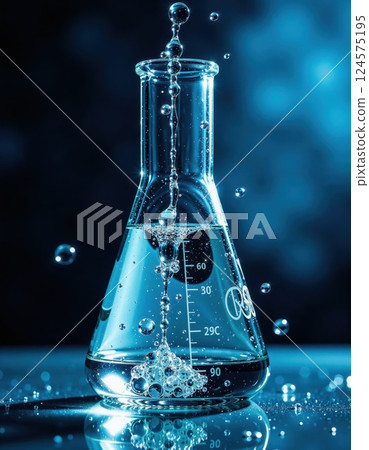 Dynamic science experiment with bubbly liquid splash in a laboratory flask on a vibrant blue background 124575195