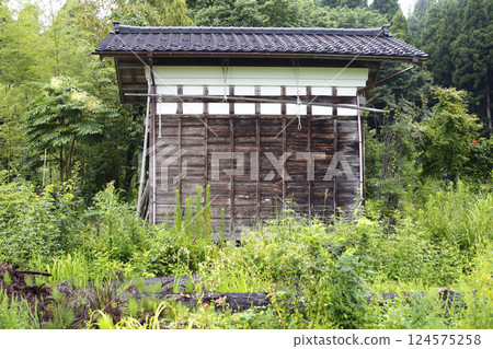 Scenery from a rural road: A storehouse in an old house covered in summer grass 124575258