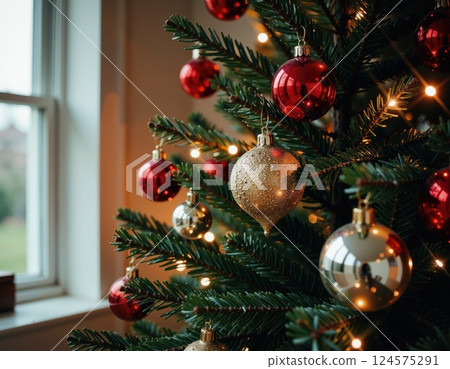 Festive holiday cheer on christmas tree with red and gold ornaments and warm glowing lights for seasonal decor inspiration 124575291