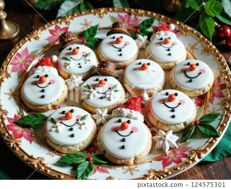 Festive snowman christmas cookies on decorative plate for holiday celebrations 124575301