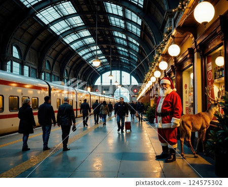 Festive train station ambience with holiday santa and travelers during christmas season 124575302